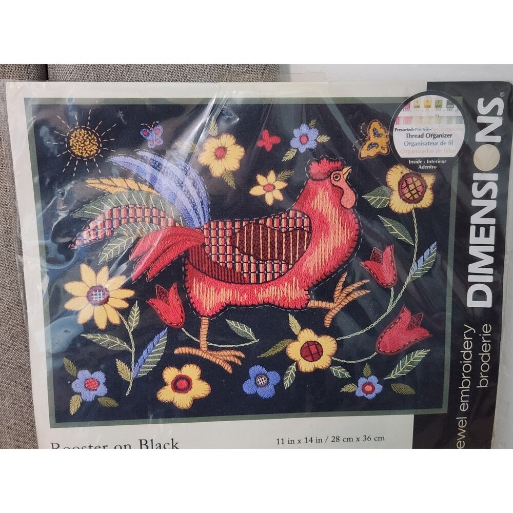 Dimensions Crewel Embroidery Kit Rooster On Black Susan Wright Cottage Core - Picture 3 of 4